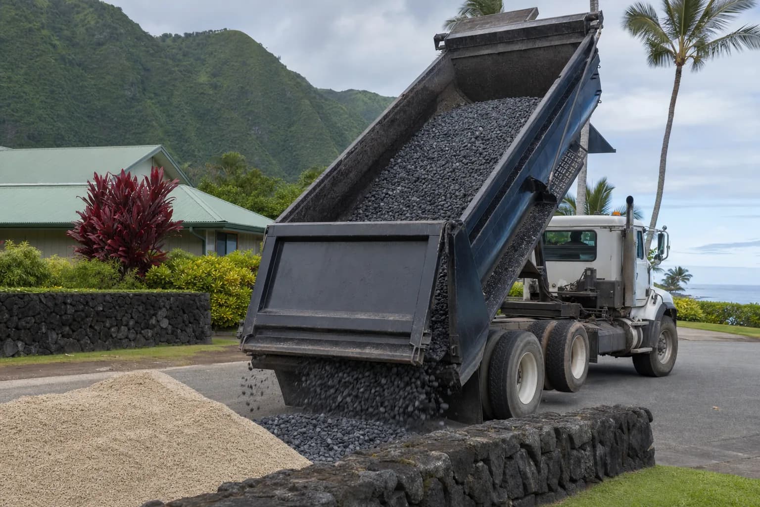Dump truck delivering gravel